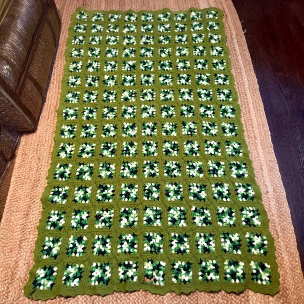 Handmade Vintage Crochet Wool Afghan Granny Square Throw Blanket Green 42”x 72”